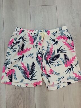 Men's Athletic Drawstring Shorts in Cream with Pink & Blue Leaf Print